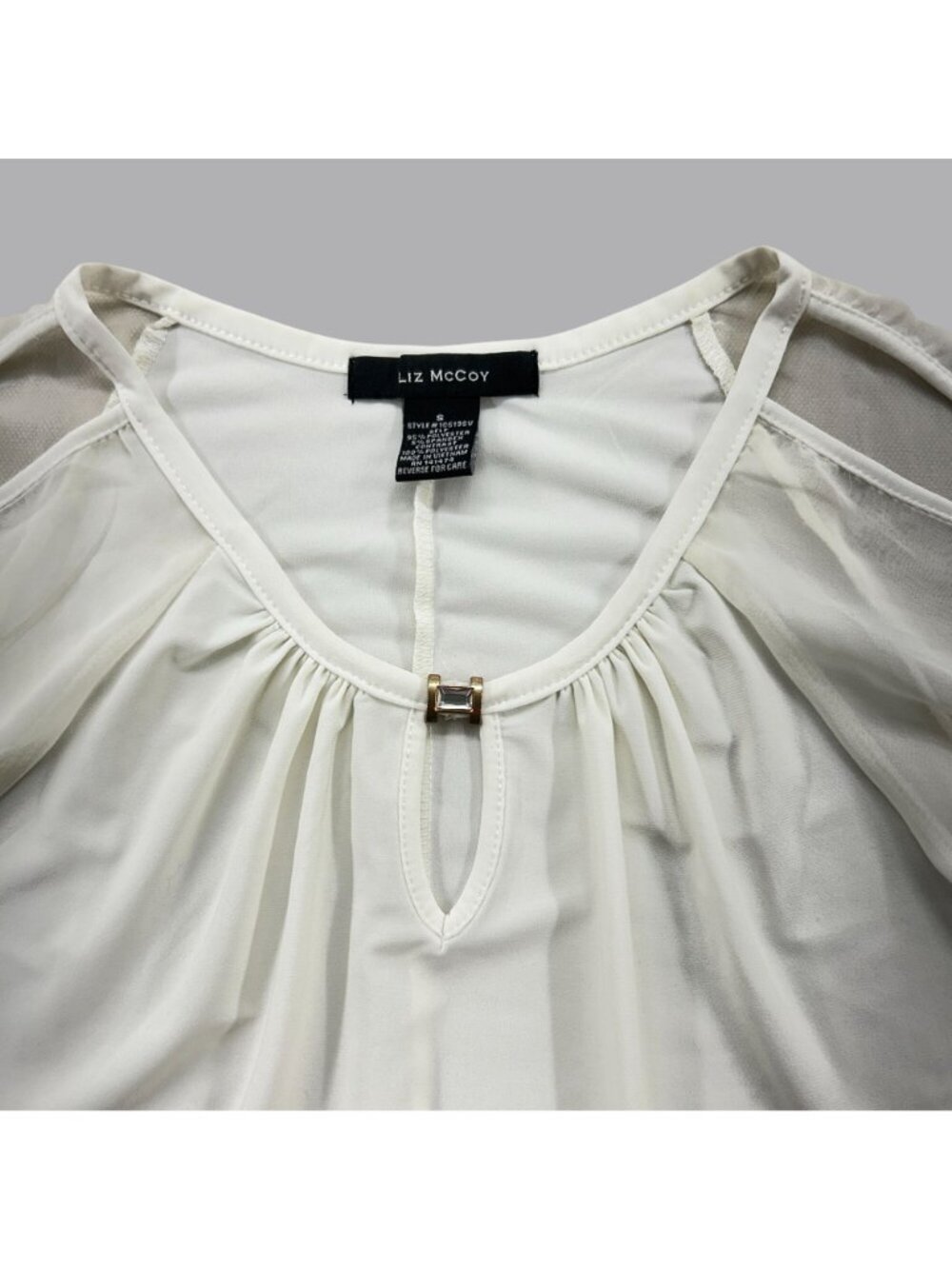 Liz McCoy White Cold Shoulder Sheer Sleeve Blouse Women Size Small Keyhole Top - Picture 4 of 8